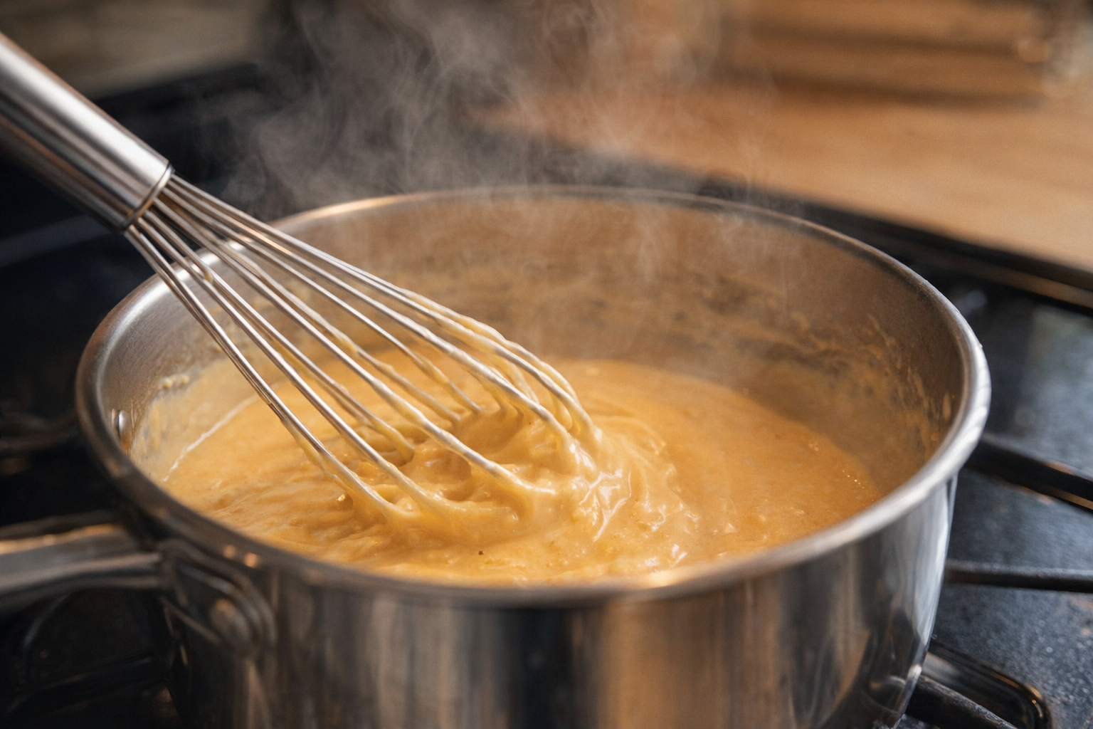A close-up, side-angle shot of a whisk stirring cheese sauce in a stainless steel saucepan on a stovetop. Steam rising from the sauce, indicating heat.